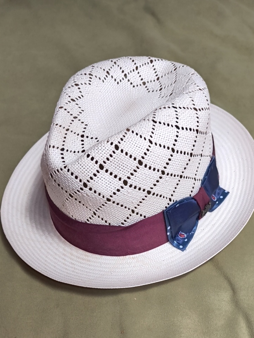 White Straw Fedora with Burgundy Band and Navy Bow